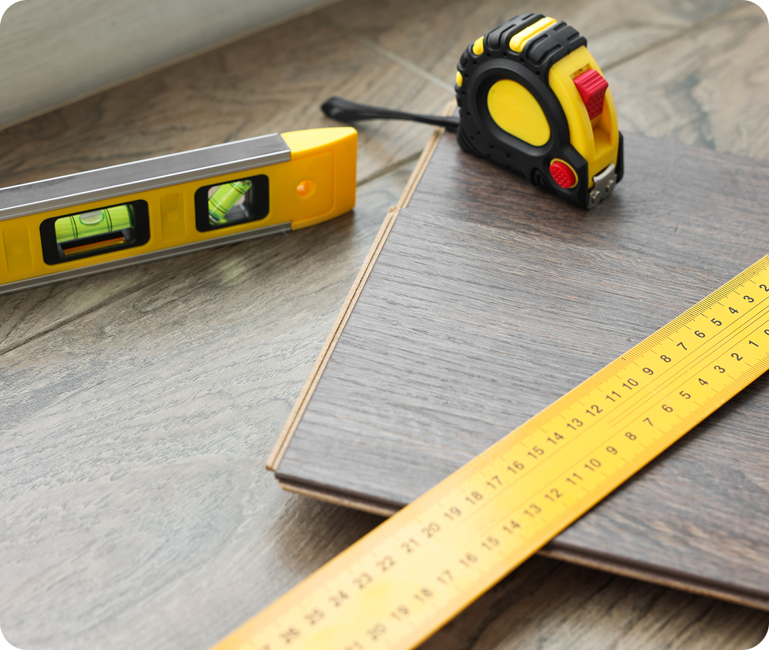 Carpentry tools with wood sample